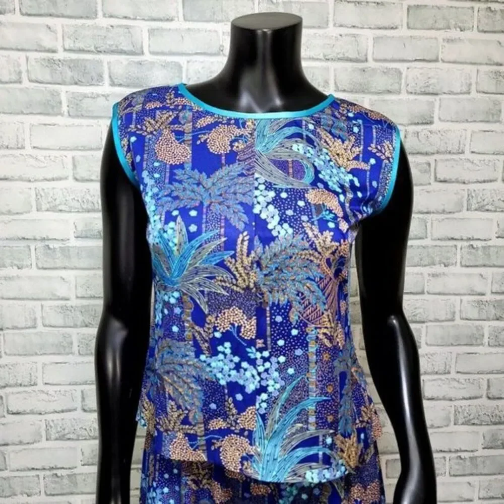 Vintage 70s Blue Tropical‎ Print Pant Set Womens M Lounge Resort Mod 2 Piece